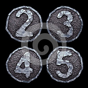 Set of numbers 2, 3, 4, 5 made of forged metal in the center of coin isolated on black background. 3d