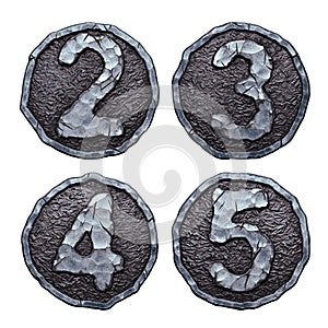 Set of numbers 2, 3, 4, 5 made of forged metal in the center of coin isolated on white background. 3d