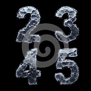 Set of numbers 2, 3, 4, 5 made of forged metal isolated on black background. 3d