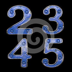 Set of numbers 2, 3, 4, 5 made of painted metal with blue rivets on black background. 3d