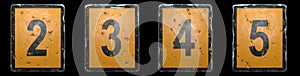 Set of numbers 2, 3, 4, 5 made of public road sign orange and black color on black background. 3d