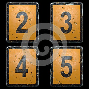 Set of numbers 2, 3, 4, 5 made of public road sign orange and black color on black background. 3d