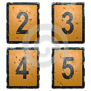 Set of numbers 2, 3, 4, 5 made of public road sign orange and black color on white background. 3d