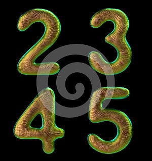 Set of numbers 2, 3, 4, 5 made of realistic 3d render gold color. Collection of natural snake skin texture style symbol
