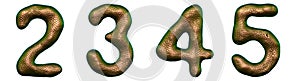 Set of numbers 2, 3, 4, 5 made of realistic 3d render gold color. Collection of natural snake skin texture style symbol