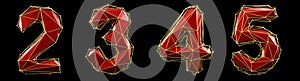 Set of numbers 2, 3, 4, 5 made of red color glass.