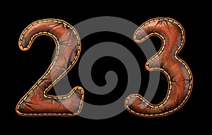 Set of numbers 2, 3 made of leather. 3D render font with skin texture isolated on black background.