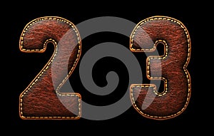 Set of numbers 2, 3 made of leather. 3D render font with skin texture isolated on black background.
