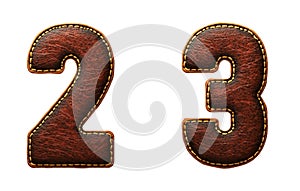Set of numbers 2, 3 made of leather. 3D render font with skin texture isolated on white background.