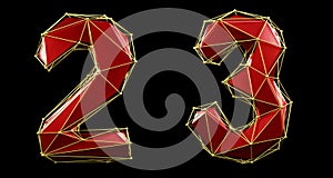 Set of numbers 2, 3 made of red color glass. Collection symbols of low poly style blue color glass isolated on black