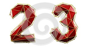 Set of numbers 2, 3 made of red color glass. Collection symbols of low poly style blue color glass isolated on white