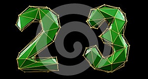 Set of numbers 2, 3 made of red color glass. Collection symbols of low poly style green color glass isolated on black