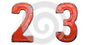 Set of numbers 2, 3 made of red painted metal isolated on white background. 3d