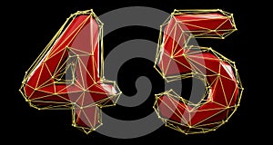 Set of numbers 4, 5 made of red color glass. Collection symbols of low poly style blue color glass isolated on black