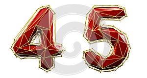 Set of numbers 4, 5 made of red color glass. Collection symbols of low poly style blue color glass isolated on white