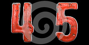 Set of numbers 4, 5 made of red painted metal isolated on black background. 3d