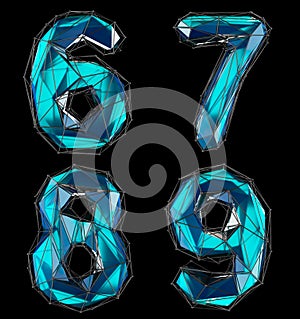 Set of numbers 6, 7, 8, 9 made of blue color glass.