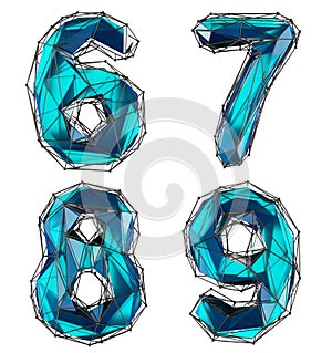 Set of numbers 6, 7, 8, 9 made of blue color glass.