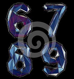 Set of numbers 6, 7, 8, 9 made of blue color glass.