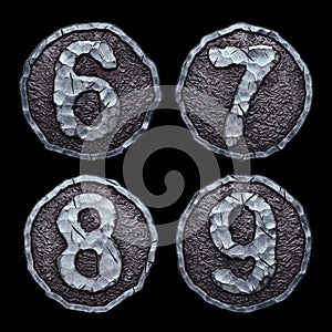 Set of numbers 6, 7, 8, 9 made of forged metal in the center of coin isolated on black background. 3d