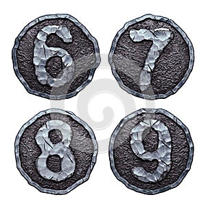 Set of numbers 6, 7, 8, 9 made of forged metal in the center of coin isolated on white background. 3d