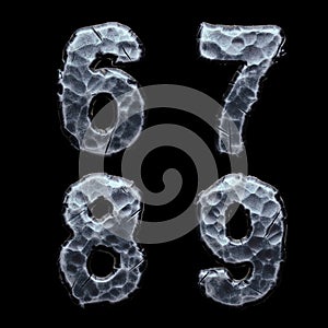 Set of numbers 6, 7, 8, 9 made of forged metal isolated on black background. 3d