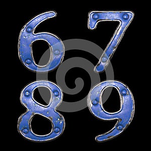 Set of numbers 6, 7, 8, 9 made of painted metal with blue rivets on black background. 3d