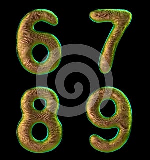 Set of numbers 6, 7, 8, 9 made of realistic 3d render gold color. Collection of natural snake skin texture style symbol