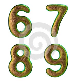 Set of numbers 6, 7, 8, 9 made of realistic 3d render gold color. Collection of natural snake skin texture style symbol