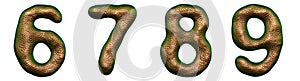 Set of numbers 6, 7, 8, 9 made of realistic 3d render gold color. Collection of natural snake skin texture style symbol