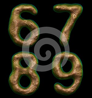 Set of numbers 6, 7, 8, 9 made of realistic 3d render gold color. Collection of natural snake skin texture style symbol