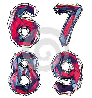 Set of numbers 6, 7, 8, 9 made of red color glass.