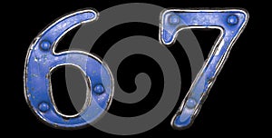 Set of numbers 6, 7 made of painted metal with blue rivets on black background. 3d