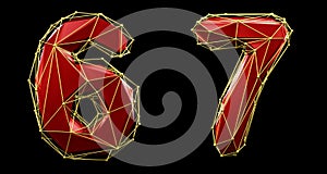 Set of numbers 6, 7 made of red color glass. Collection symbols of low poly style blue color glass isolated on black