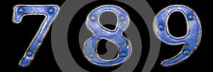 Set of numbers 7, 8, 9 made of painted metal with blue rivets on black background. 3d