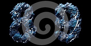 Set of numbers 8, 9 made of ice isolated on black background. 3d