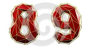 Set of numbers 8, 9 made of red color glass. Collection symbols of low poly style blue color glass isolated on white