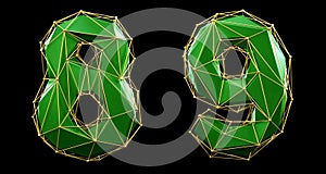 Set of numbers 8, 9 made of red color glass. Collection symbols of low poly style green color glass isolated on black