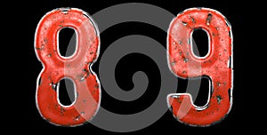 Set of numbers 8, 9 made of red painted metal isolated on black background. 3d