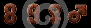 Set of numbers 8, 9 and symbols female, male made of leather. 3D render font with skin texture isolated on black