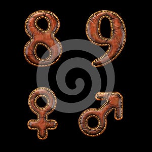 Set of numbers 8, 9 and symbols female, male made of leather. 3D render font with skin texture isolated on black