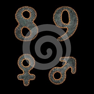 Set of numbers 8, 9 and symbols female, male made of leather. 3D render font with skin texture isolated on black