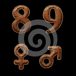 Set of numbers 8, 9 and symbols female, male made of leather. 3D render font with skin texture isolated on black