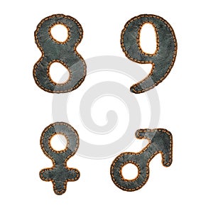 Set of numbers 8, 9 and symbols female, male made of leather. 3D render font with skin texture isolated on white