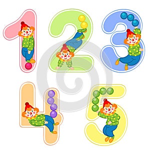 Set of numbers with clown juggler from 1 to 5