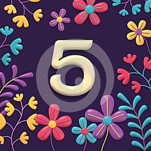 set of numbers on dark background with flowers and plants, 3d rendering, five