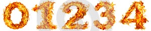 Set of numbers from 0-4 from fire on a white background