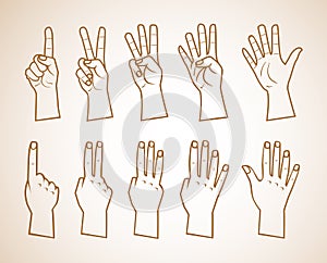 Set of numbers on the hands illustration . just outlines