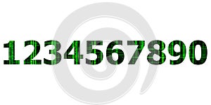 A set of numbers 1 2 3 4 5 6 7 8 9 0 with matrix binary digital code isolated on a white