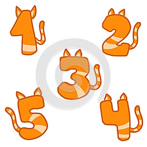 Set of numbers. Striped red cats. Animal tail. Teaching children mathematics. Arithmetic symbol